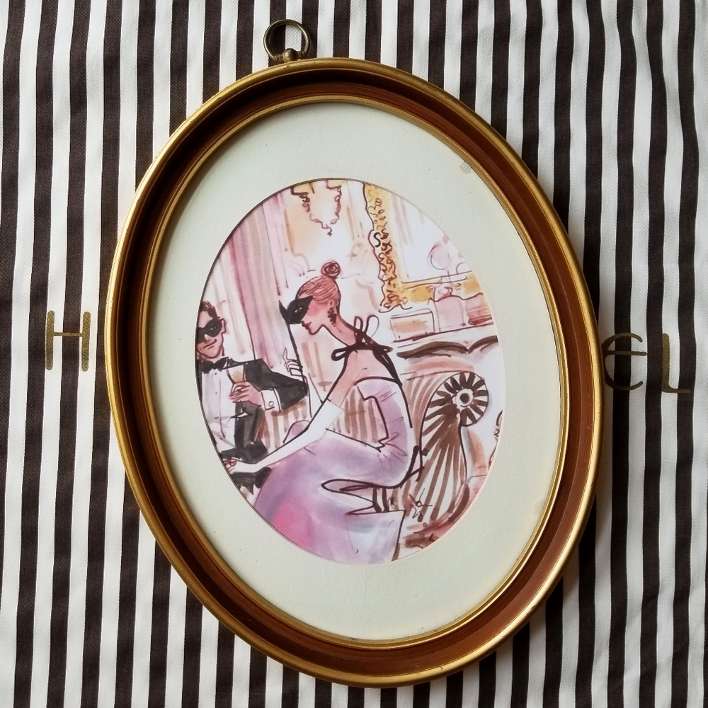 ❗Authentic Henri Bendel Party Girl Store Display Art on Gold Oval Ornate Frame❗